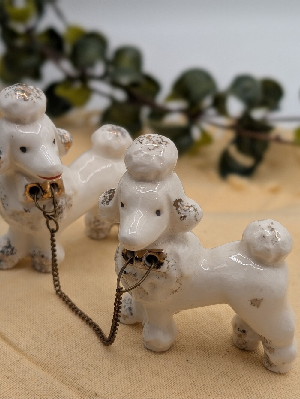 Vintage Ceramic Poodle Figurines Pair w Chain Leash White Japan Mid Century Dogs